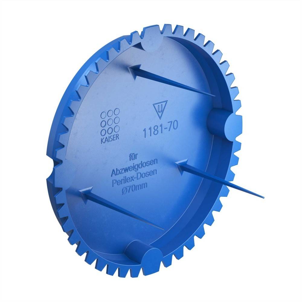 Ein blauer kreisförmiger Werkzeugzubehör mit gezackten Kanten, versehen mit Pfeilen und dem Text 'KAISER 1181-70' zur Verwendung mit 'Abzweigdosen Perilex-Dosen Ø70mm'.