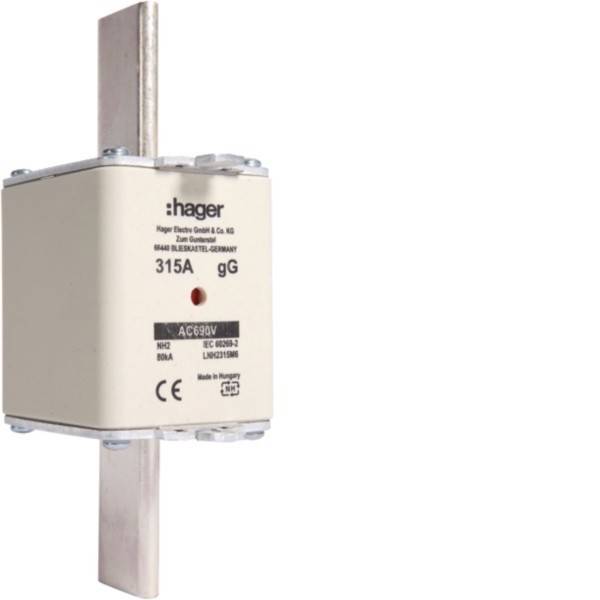 Eine Hager 315A elektrische Sicherung mit sichtbaren Anschlüssen, verwendet zum Schutz von elektrischen Schaltkreisen. Modellinformationen und Spezifikationen sind auf dem Etikett gedruckt.