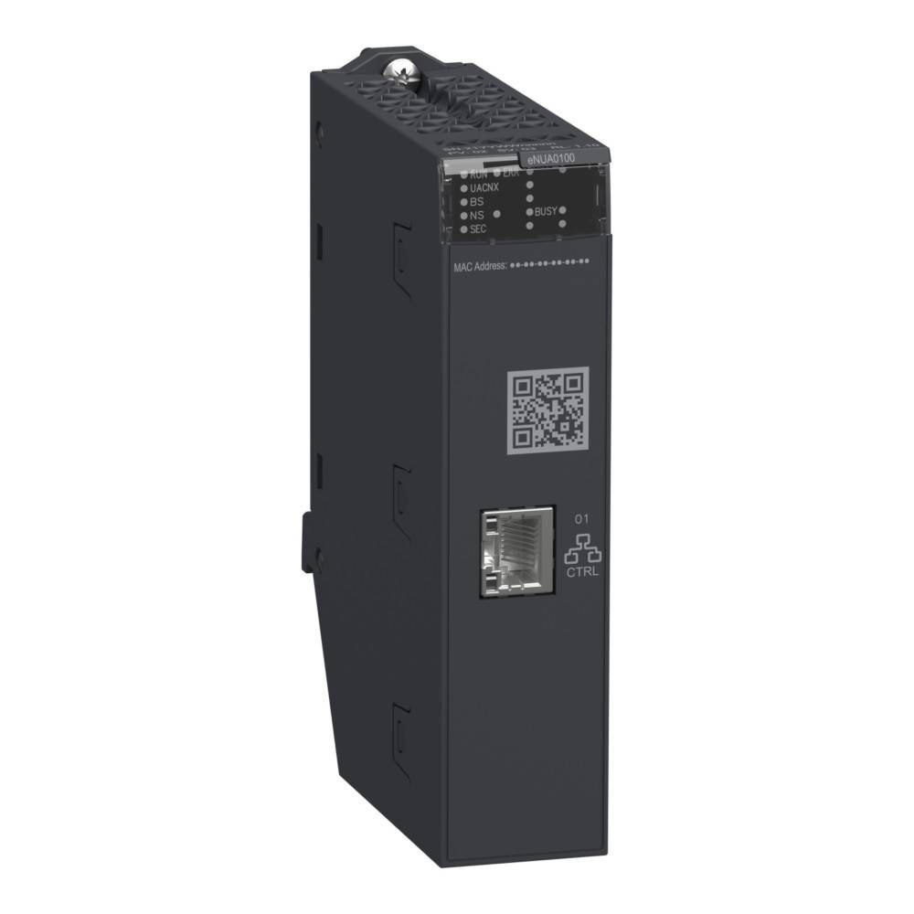Schwarzes industrielles Gerät mit Statusanzeigen, QR-Code und Ethernet-Anschluss, gekennzeichnet mit MAC A86E1.