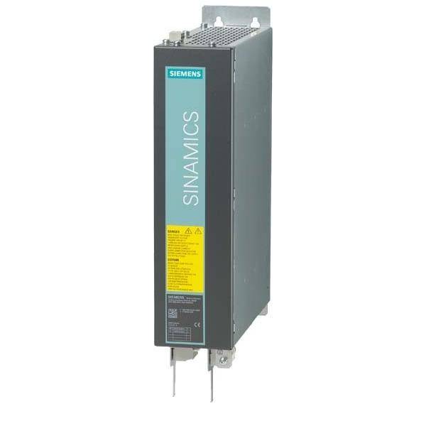 Eine Siemens SINAMICS Antriebseinheit, rechteckig und vertikal positioniert, mit einem Etikett an der Seite, das Modelldetails und Sicherheitswarnungen anzeigt.