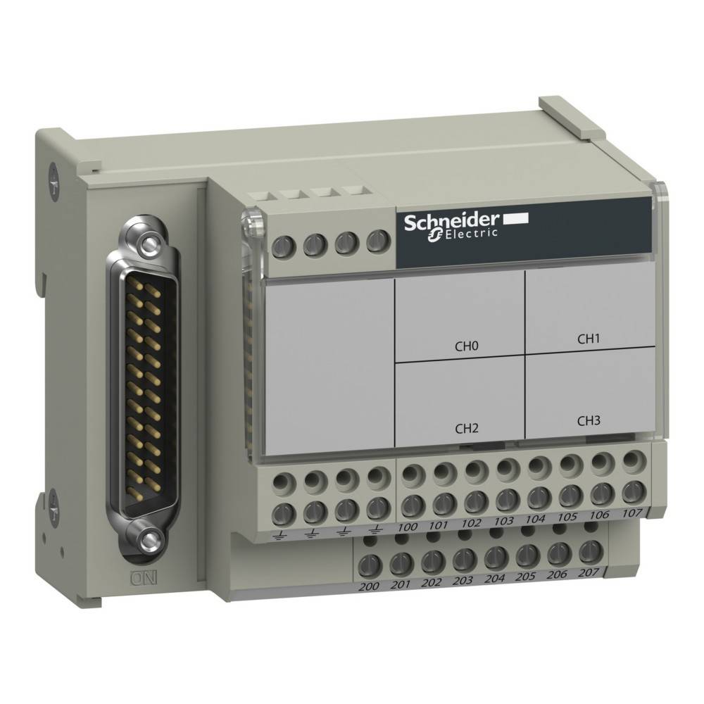 Ein Schneider Electric Klemmenblock mit mehreren Anschlussports, einschließlich eines großen Mehrpin-Steckers, zur Verwendung bei elektrischen Verkabelungen.