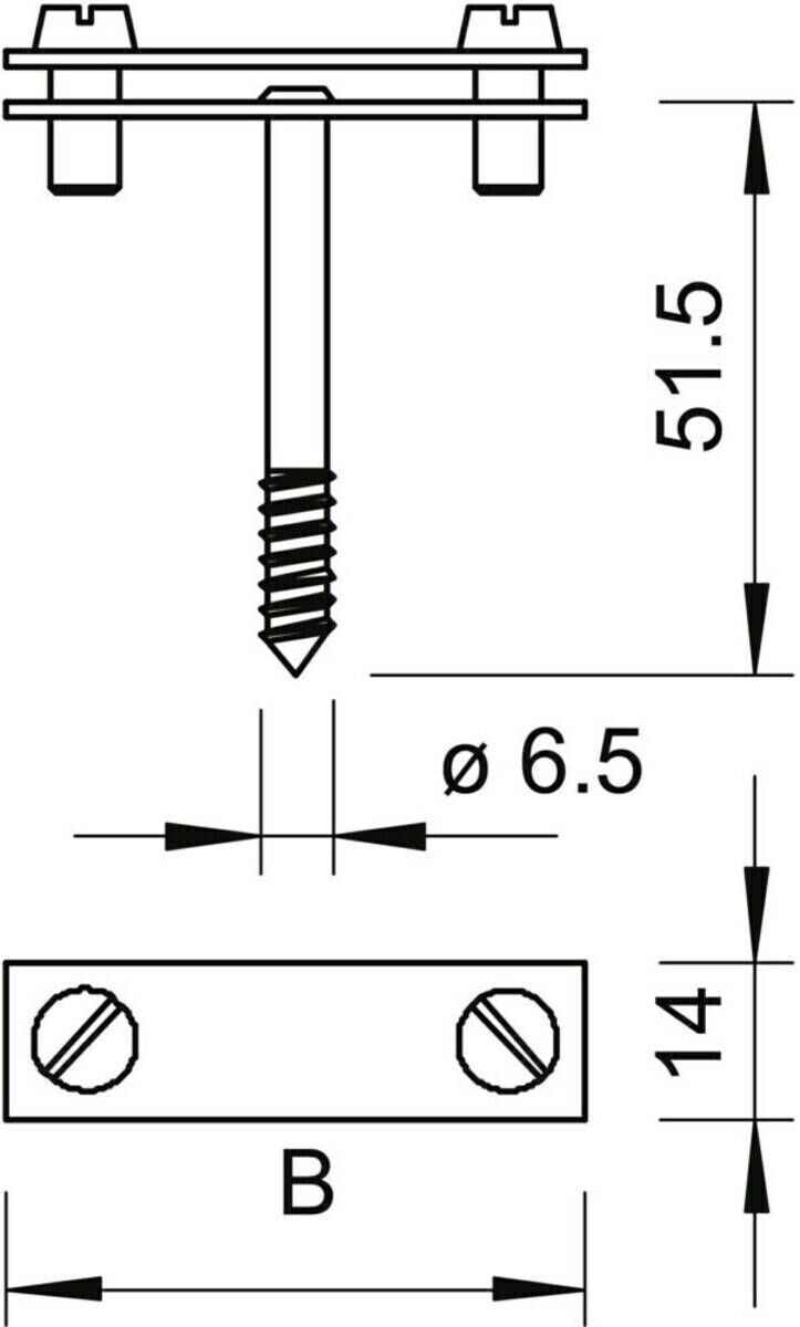 Technische Zeichnung einer Schraube mit ihren Abmessungen: Länge 51,5 mm, Durchmesser 6,5 mm und Lochabstand 14 mm.