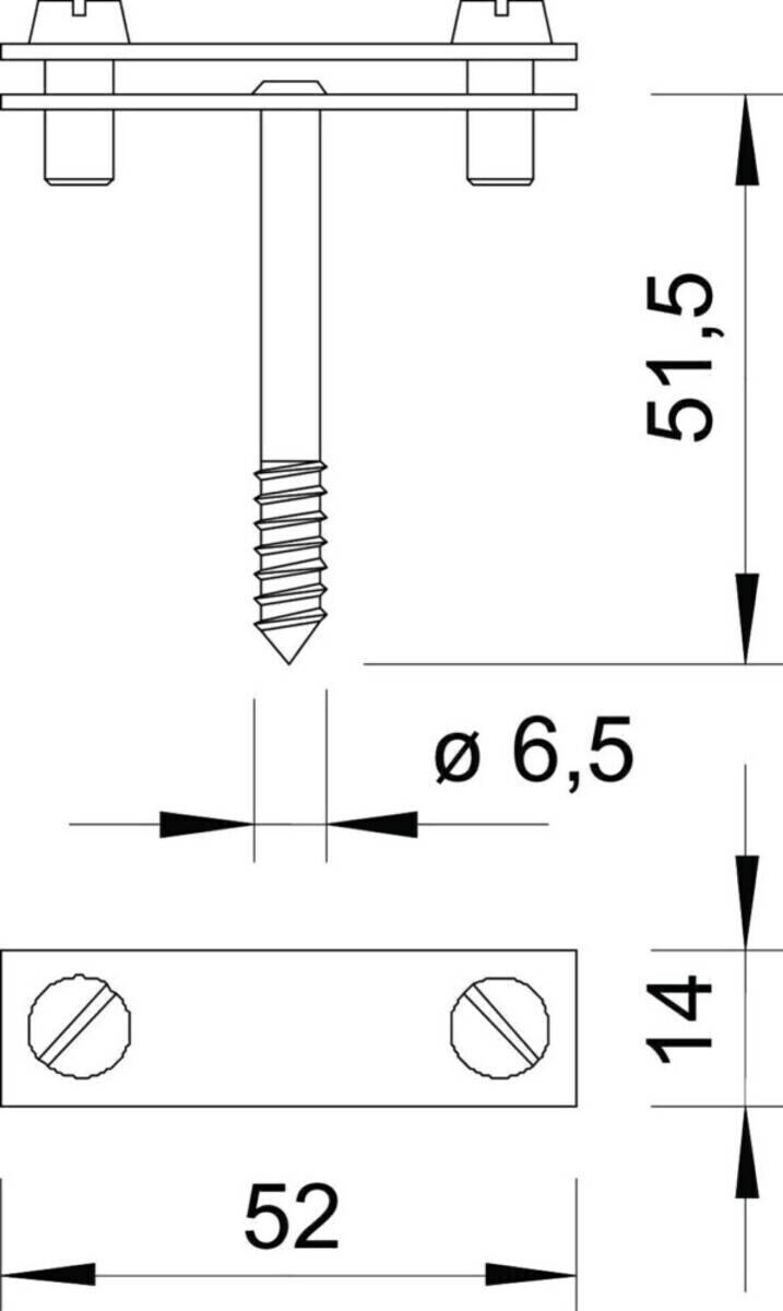 Technische Zeichnung einer Schraube mit Abmessungen: Länge 51,5 mm, Durchmesser 6,5 mm, Lochabstand 14 mm.