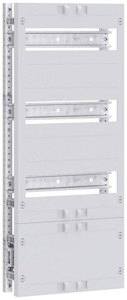 Ein rechteckiges, weißes elektrisches Schaltpanel mit zwei sichtbaren Metallhalterungen im Inneren, vorgesehen für die Montage von Sicherungsautomaten; keine Komponenten installiert.
