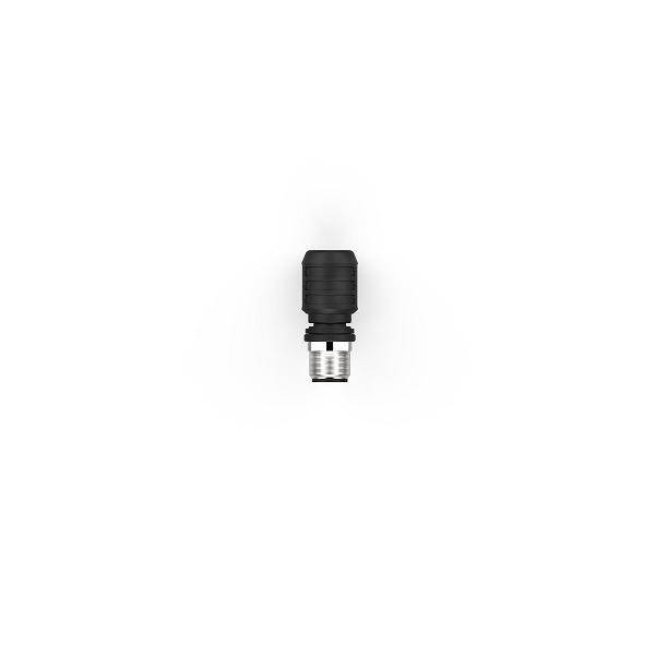Ein schwarzer Socketadapter vor einem weißen Hintergrund, der einem kompakten zylindrischen Stecker mit gerippter Griffzone und metallischer Basis ähnelt.