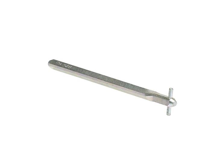Ein Metallschraubenschlüssel mit einem sechseckigen Schaft und zwei vorstehenden Stifte an einem Ende, der zum Drehen von Befestigungen oder Anschlüssen verwendet wird.