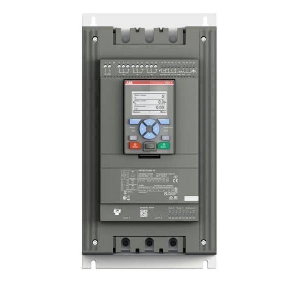 Ein grauer Elektroschaltschrank mit einem digitalen Anzeigebildschirm, mehreren Tasten und Etiketten, die Betriebsdaten und Einstellungen anzeigen.