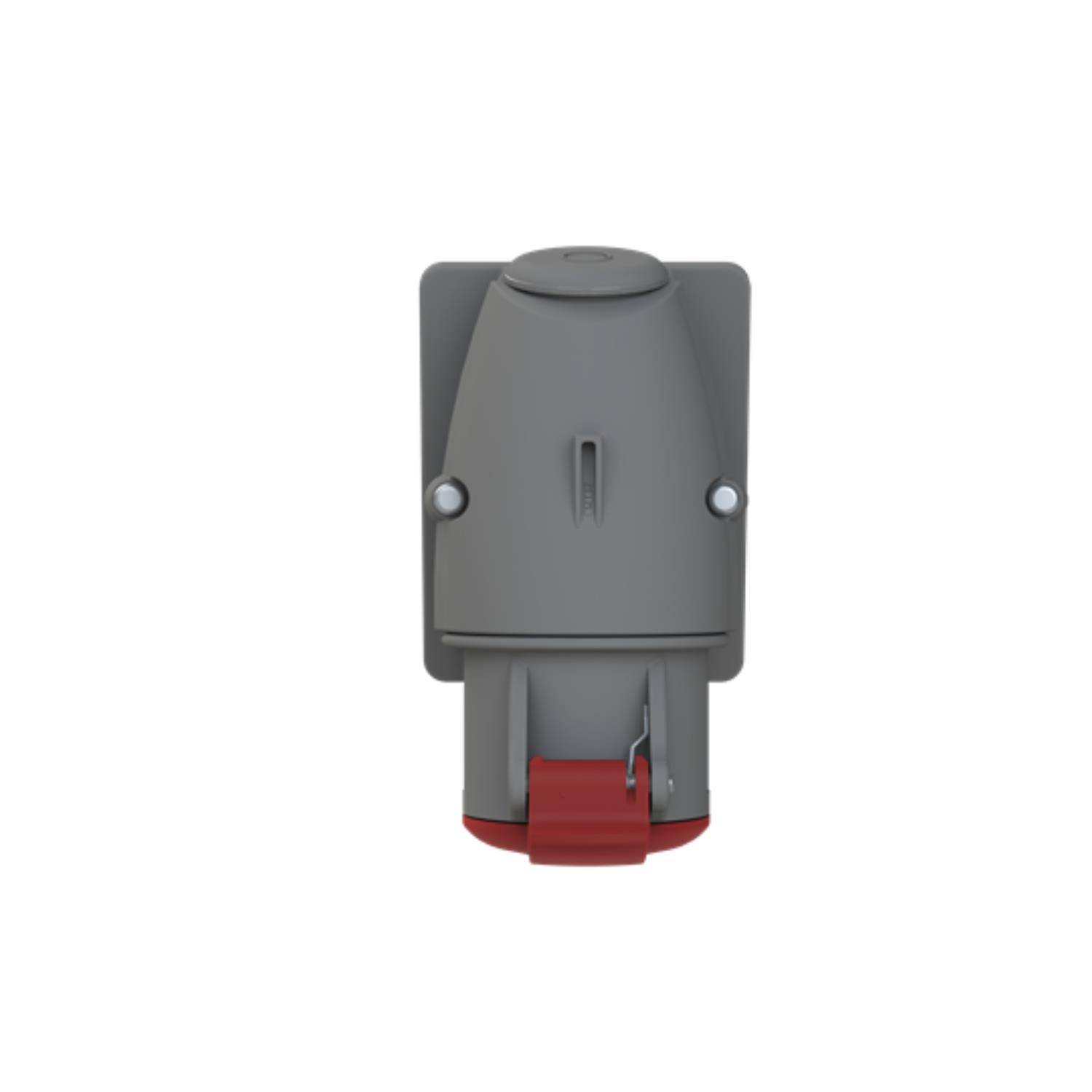 Ein grauer und roter Kunststoff-Wandstecker für den industriellen Einsatz mit Klappendeckel, verwendet für sichere Elektroverbindungen in industriellen Umgebungen.