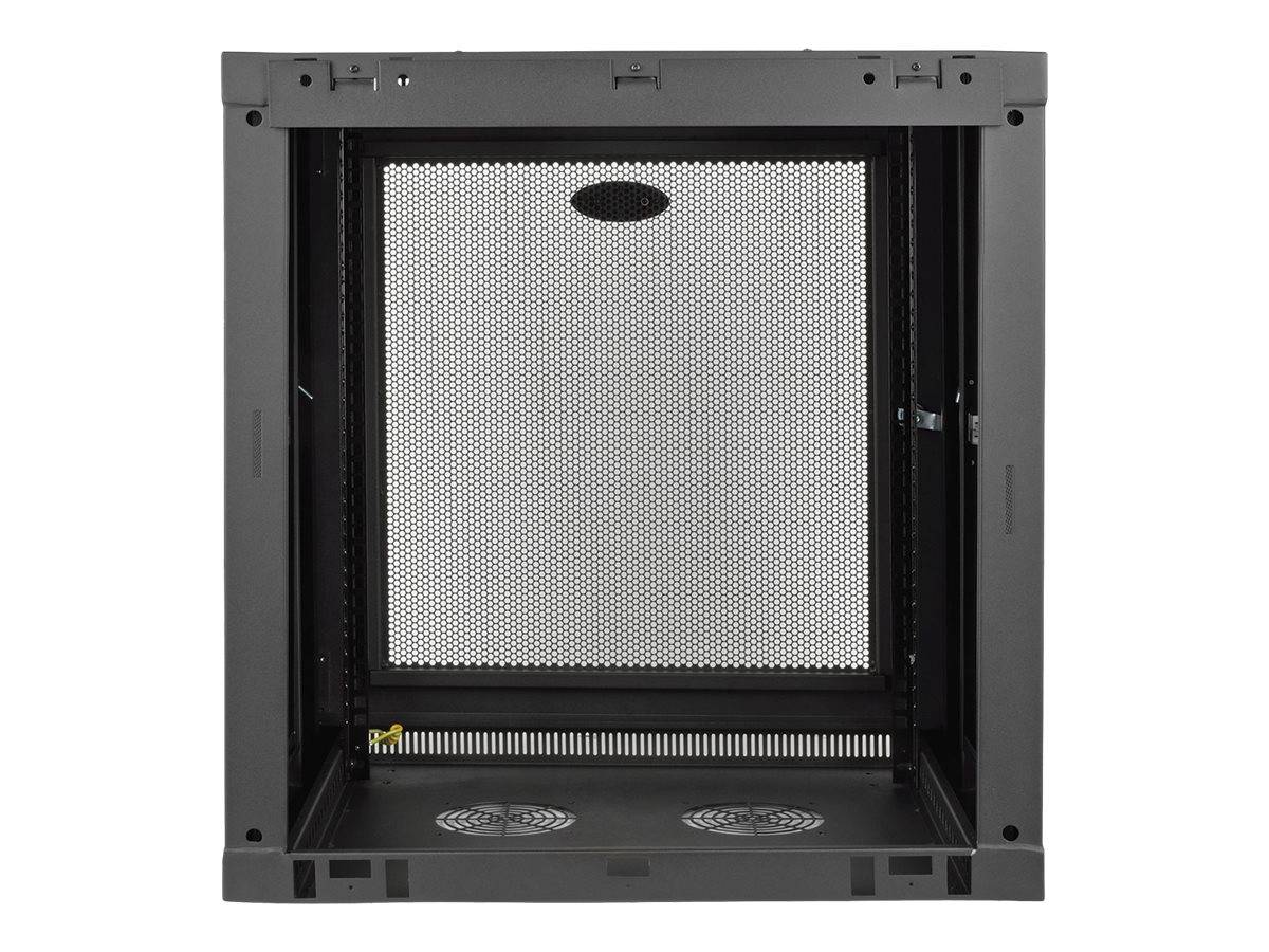 Leeres schwarzes Gerätekabinettsrahmen mit perforiertem Rückpanel und belüfteter Basis, frontal auf weißem Hintergrund dargestellt.