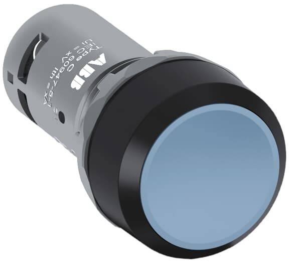 Ein grauer und schwarzer ABB-Knopf mit einer kreisförmigen blauen Oberfläche, der in industriellen Anwendungen für Bedienpaneloperationen verwendet wird.