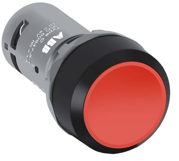 Ein roter Not-Aus-Knopf mit einem schwarzen äußeren Ring, der üblicherweise zur Sicherheit an Maschinen verwendet wird, mit weißem Markennamen beschriftet.