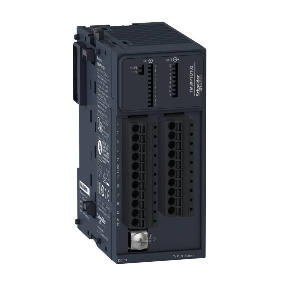 Ein schwarzes industrielles elektronisches Gerät, gekennzeichnet mit 'Schneider Electric', das über mehrere Eingabe-/Ausgabeports und Signalleuchten verfügt.