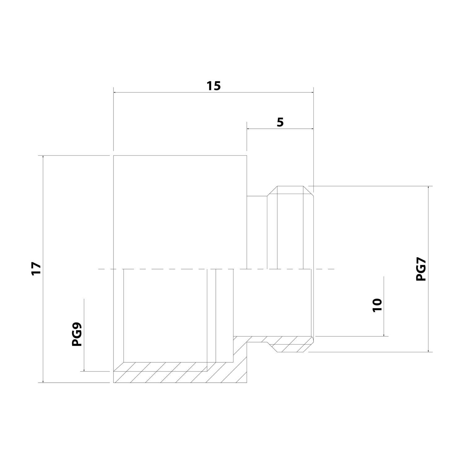 Technische Zeichnung eines mechanischen Bauteils mit Abmessungen: 15 Breite, 17 Höhe, 10 Tiefe. Mit PG9 und PG7 beschriftet, weist eine zentrale Kerbe auf.
