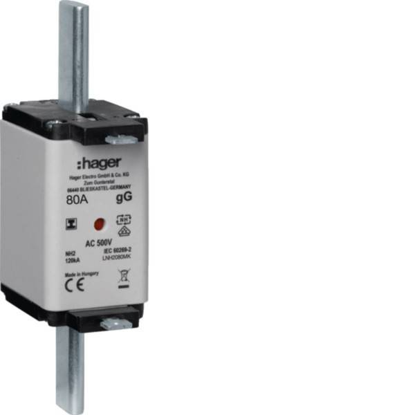 Eine 80A 500V Sicherung mit 'Hager' Markenzeichen, konzipiert für elektrische Schaltkreise. Sie ist auf einer Metallschiene montiert, was auf eine industrielle Anwendung hinweist.