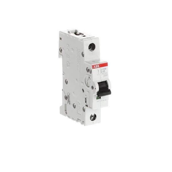 Ein weißer ABB-Leistungsschalter mit einem schwarzen Kippschalter, Modellnummer deutlich sichtbar. Geeignet für elektrische Systeme.