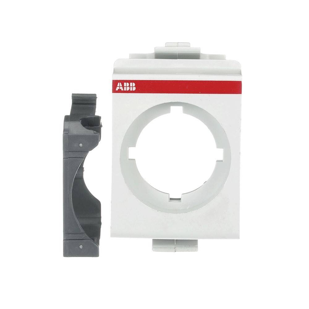 Eine graue und weiße elektrische Komponente mit einer kreisförmigen Öffnung und ABB-Logo, die zusammen mit einem abgetrennten schwarzen Seitenteil betrachtet wird.