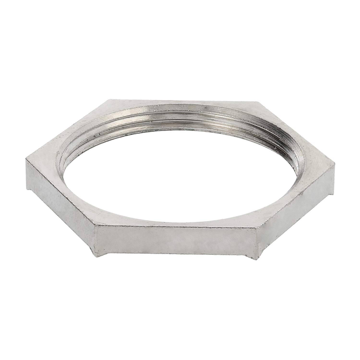 Eine metallische sechseckige Kontermutter mit Innengewinde, die üblicherweise zum Sichern von Schrauben oder Gewindeanschlüssen in Maschinen oder im Bauwesen verwendet wird.