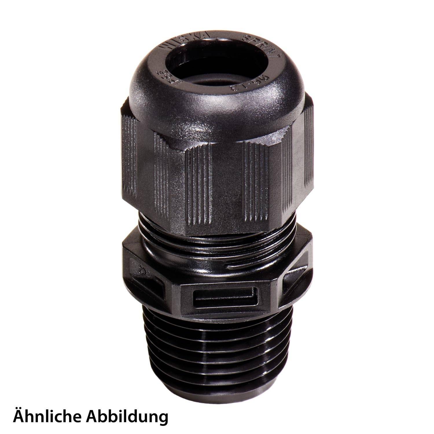 Ein schwarzer Kabelverschraubungsstecker zum Sichern und Abdichten von Kabeln, mit Gewindegehäuse und gerippter Grippoberfläche, gekennzeichnet mit 'Ähnliche Abbildung'.