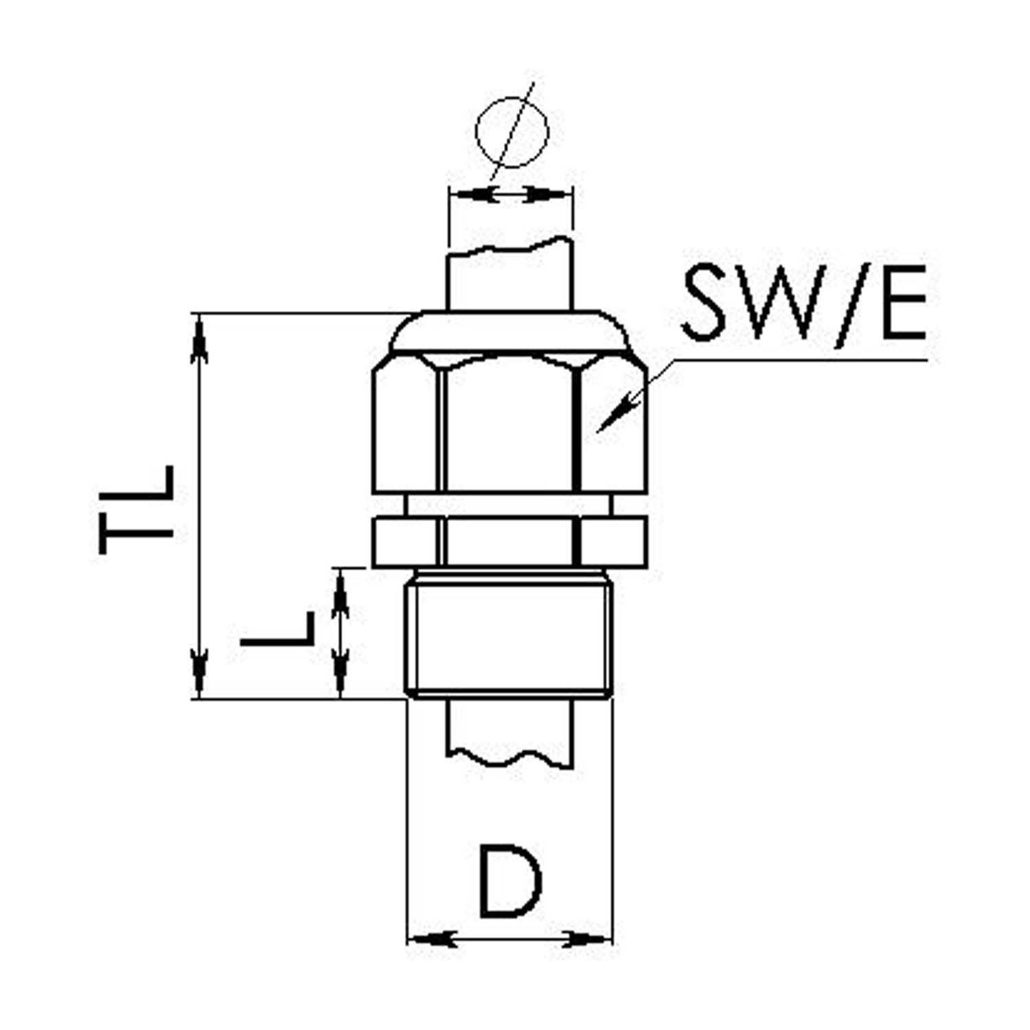 Technische Querschnittszeichnung einer Rohrverschraubung mit Beschriftungen 'TL', 'L', 'SW/E' und 'D', die Dimensionen und Spezifikationen angeben.