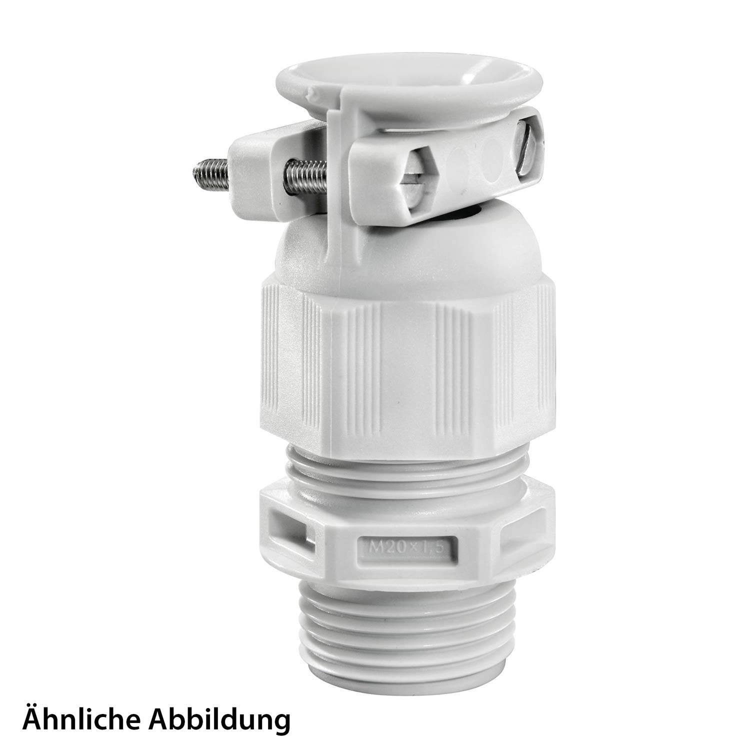 Nahaufnahme einer weißen Kabelverschraubung mit integrierter Zugentlastung und PG-Gewinde-Anschluss, konzipiert für sichere Kabelverwaltung.