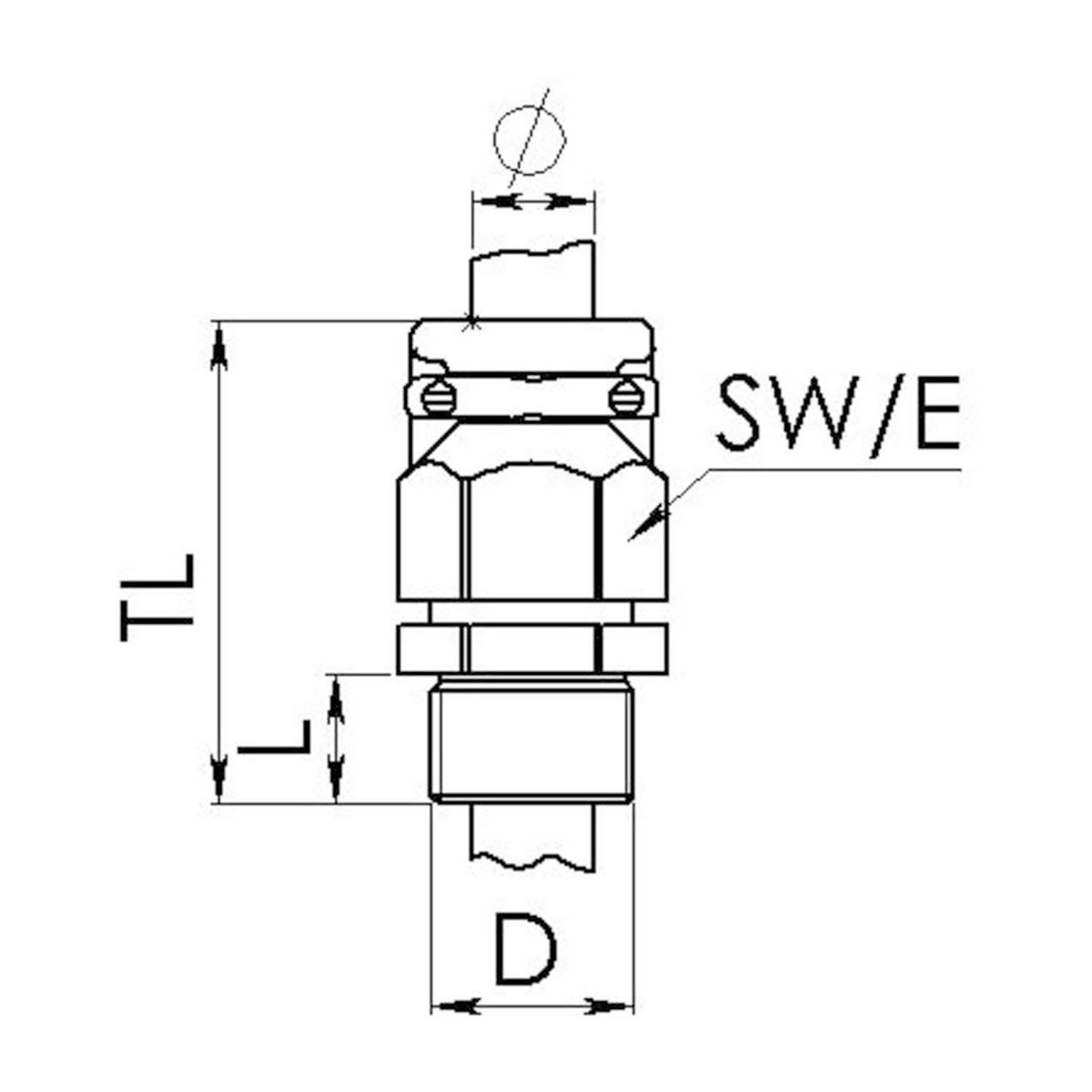 Technische Zeichnung einer mechanischen Komponente mit beschrifteten Abmessungen: TL und D. Die Komponente umfasst einen Gewindeabschnitt, gekennzeichnet mit SW/E.
