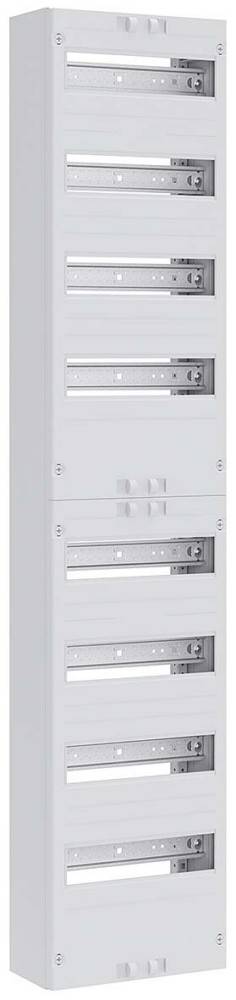 Ein weißes, mehrteiliges elektrisches Verteilerschrank mit geschlossenen Türen und sichtbaren Messgeräten, konzipiert zur Organisation und Steuerung von elektrischen Stromkreisen.