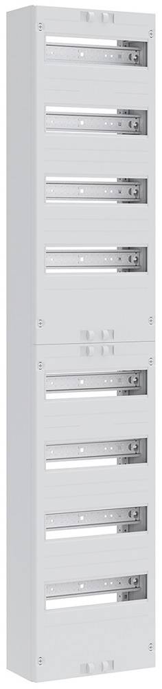 Eine weiße elektrische Verteilerdose mit leeren Abdeckungen und mehreren Schlitzen.