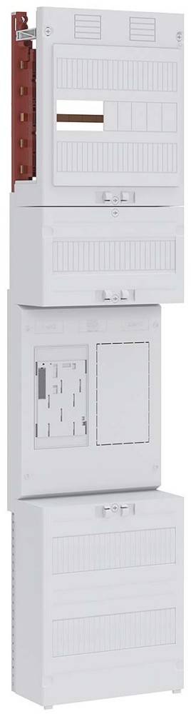 Eine weiße Elektroverteilertafel mit einem Raster aus Schaltern und Beschriftungen. Ein kleiner offener Abschnitt gibt Einblicke in die internen Komponenten.