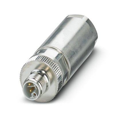 Ein metallischer zylindrischer Elektrostecker mit Gewindestecker und drei sichtbaren Stiften, der für Audio- oder Elektronikgeräteverbindungen verwendet wird.