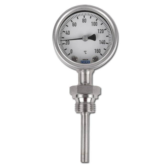 Bimetallthermometer Klasse 1,0 - Anzeigebereich 0°C bis +80°C - Meßbereich +10°C bis +70°C - Tauchschaftlänge 160 mm - Skalenteilung 1°C