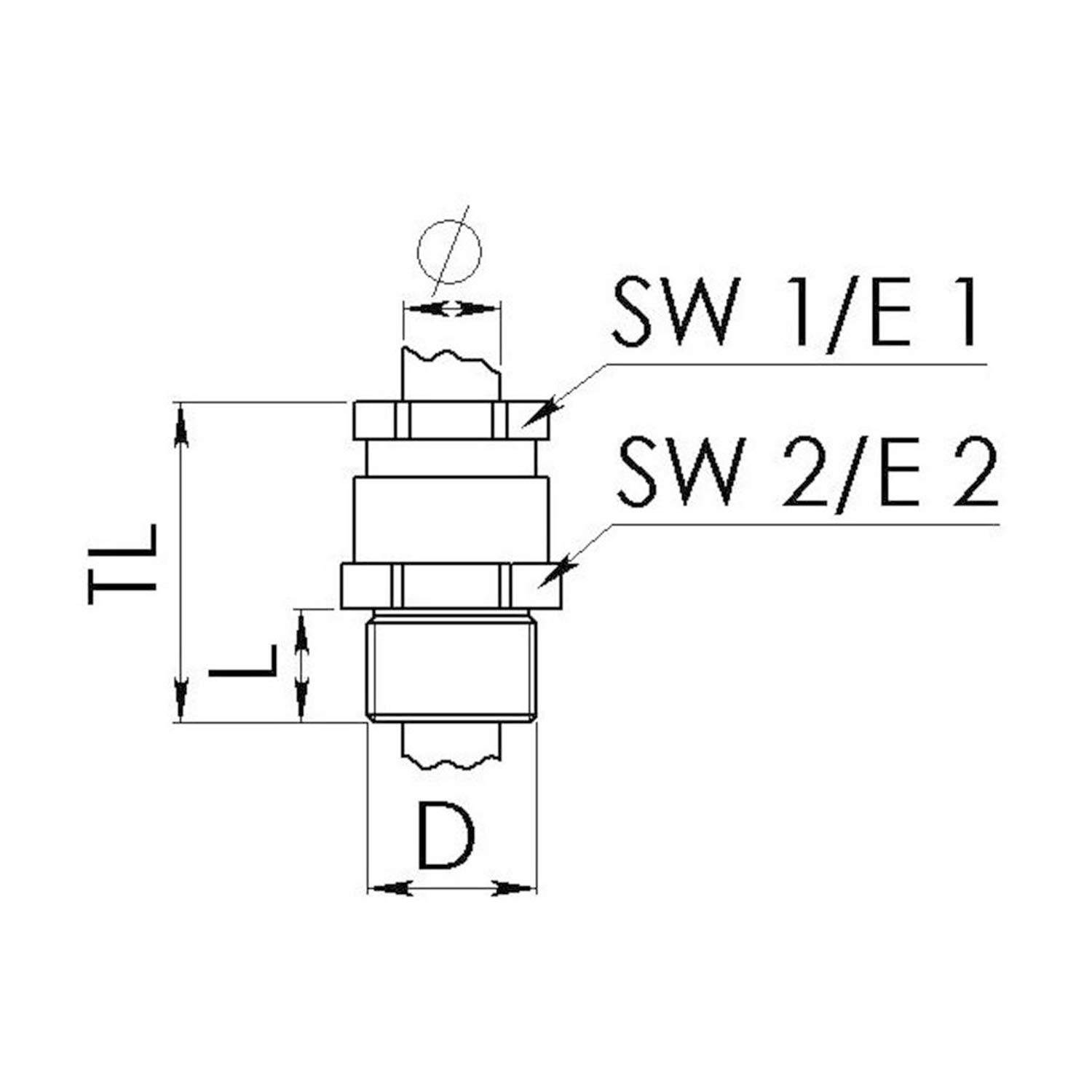 Technische Zeichnung einer mechanischen Komponente mit beschrifteten Abmessungen TL, L und D, zusammen mit den Notizen SW 1/E 1 und SW 2/E 2.