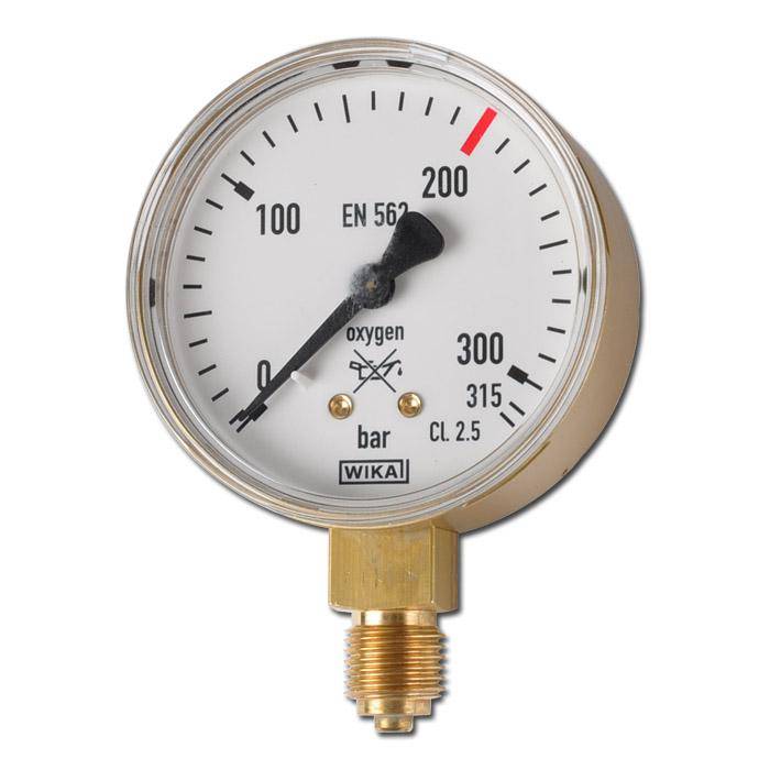 Analoges Druckmanometer für Sauerstoff mit Druckanzeige in bar, gekennzeichnet von 0 bis 315 mit einer roten Warnzone in der Nähe von 200.