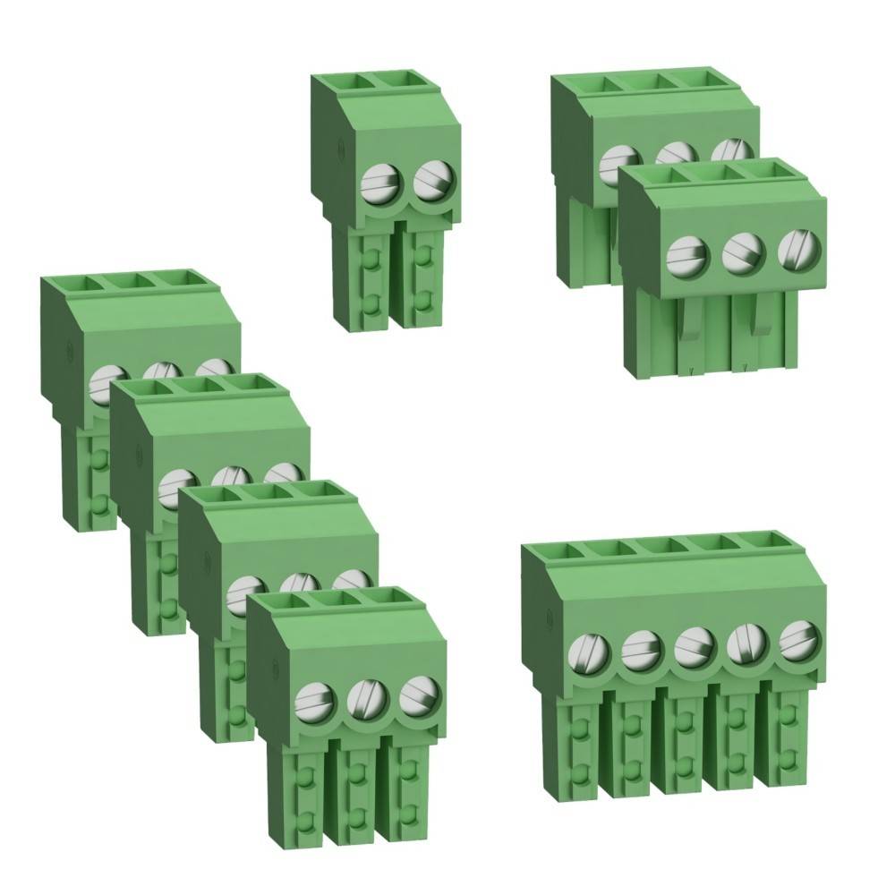 Grüne Terminalblockkonnektoren verschiedener Größen mit mehreren Schraubanschlüssen, ordentlich angeordnet, um unterschiedliche Konfigurationen zu präsentieren.