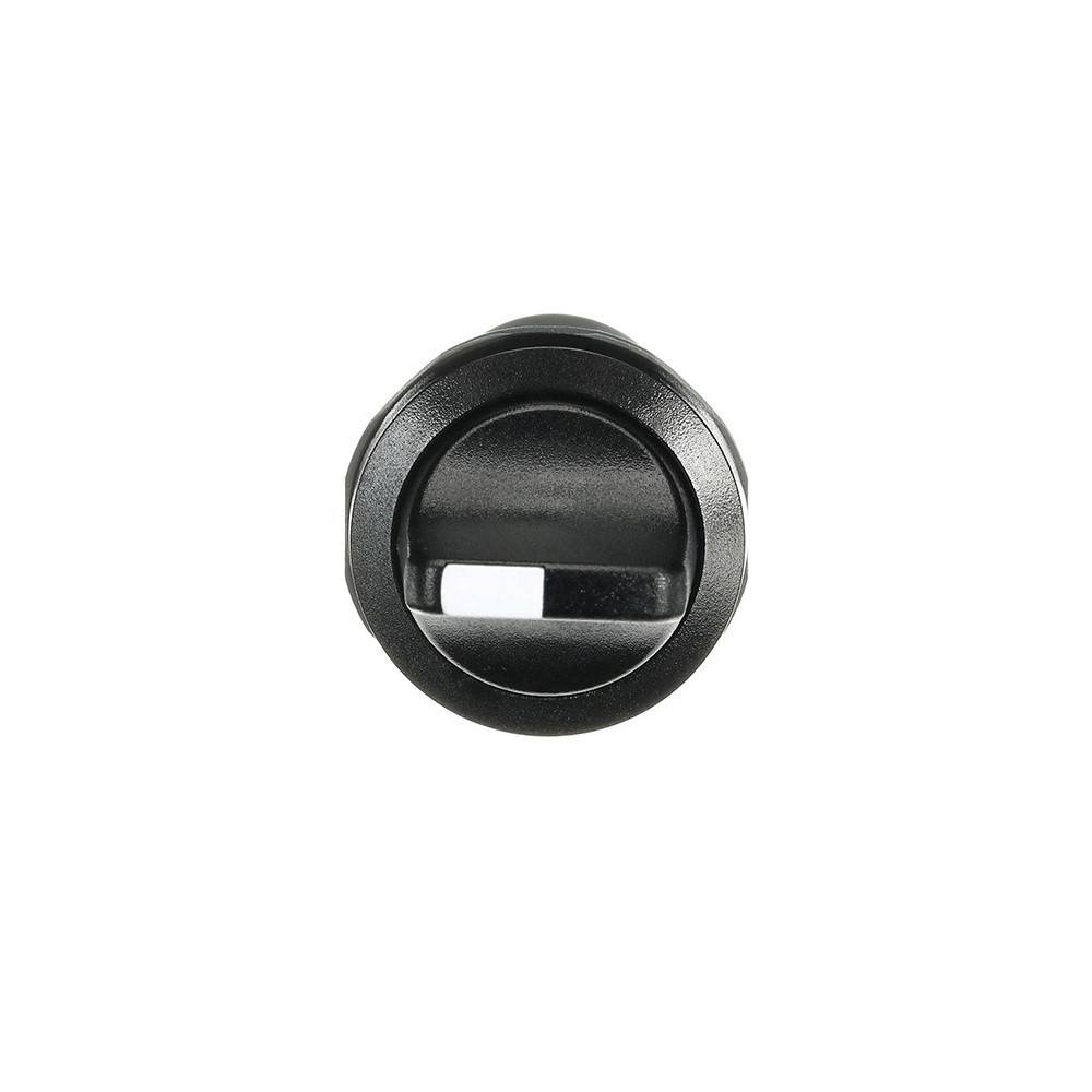 Ein schwarzes Armaturenbrett-Lüftungsgitter mit kreisförmigem Design und einem verstellbaren Durchflussregelungsmechanismus, von vorne betrachtet.