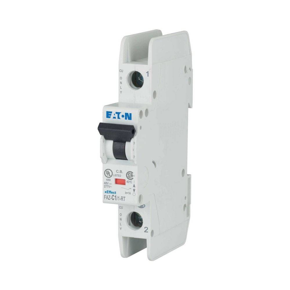 Ein einpoliger Miniatur-Leitungsschutzschalter von Eaton, gekennzeichnet als 'FAZ-C1/1-NT', konzipiert für den elektrischen Leitungsschutz.