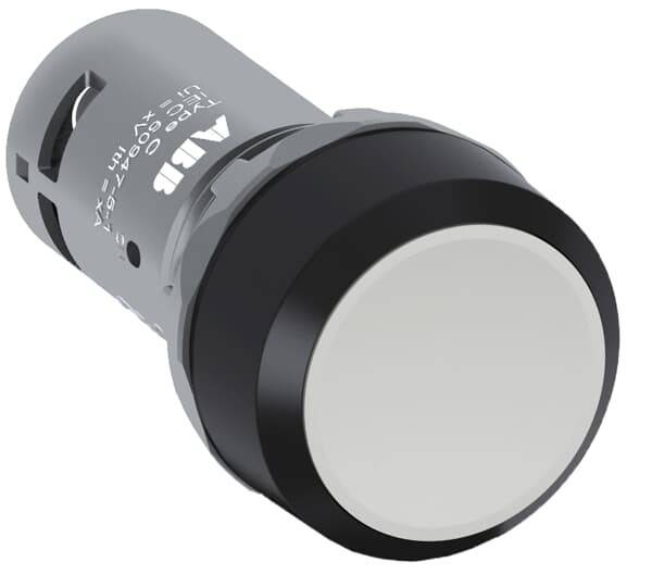 Ein Nahaufnahme-Bild eines runden, weiß-schwarzen Drucktasters von ABB, mit auf der Seite eingravierter Produktbeschreibung.