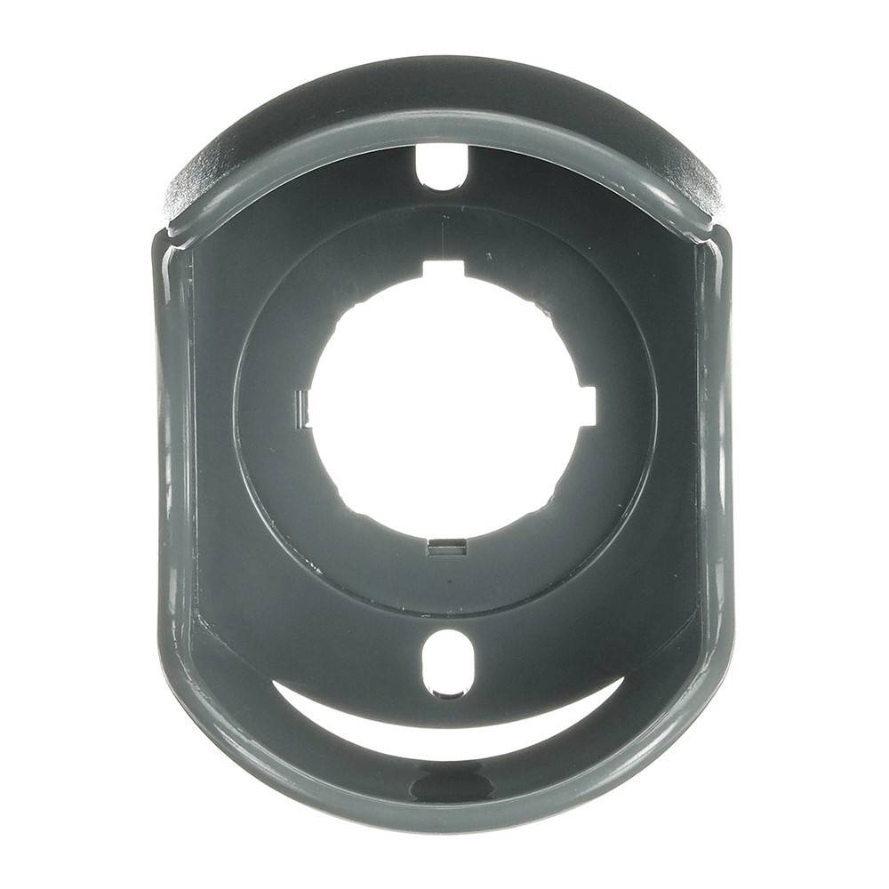 Ein schwarzer, zylindrischer Wandhalter aus Kunststoff mit einer offenen kreisförmigen Mitte und zwei sichtbaren Befestigungslöchern zur Montage auf Oberflächen.