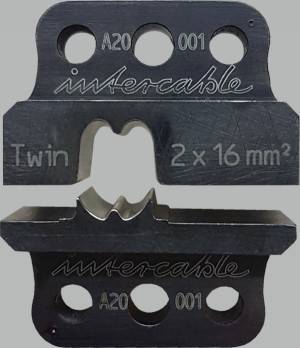 Metallkabelschneiderklingen, eingraviert mit 'interpact', 'A20', '001', 'Twin', '2x 16 mm²', entwickelt zum Schneiden von Zwillingskabeln.