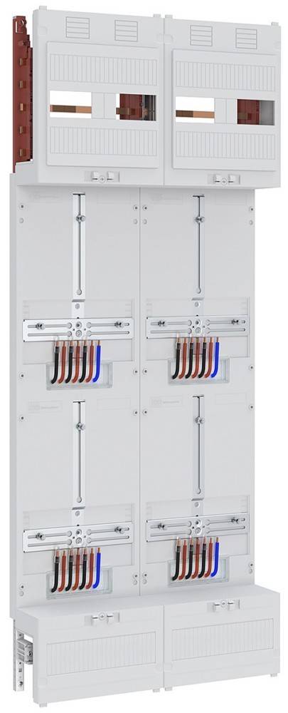 Sechs vertikale Kupfer- und blaue elektrische Kabel sind übersichtlich auf einem weißen Panel angeordnet und gehen von einem zentralen Anschlusspunkt aus.