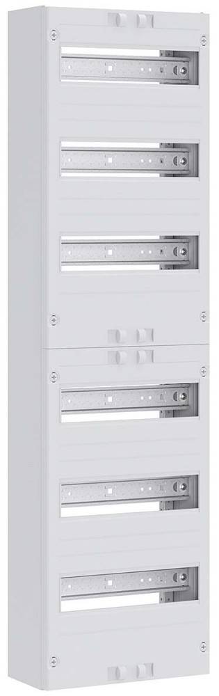 Eine weiße elektrische Verteilerdose mit zwei Reihen für Sicherungsautomaten, ausgestattet mit abnehmbaren Abdeckungen und einem Metallgehäuse zur Kabelführung.