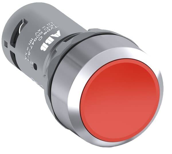 Ein metallischer Druckknopf mit roter Oberseite, der typischerweise für Notaus-Funktionen in industriellen oder maschinellen Umgebungen verwendet wird.
