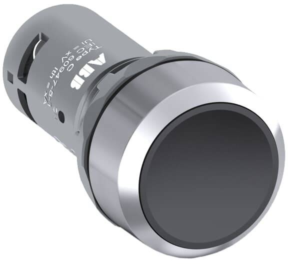 Ein Nahaufnahmebild eines metallischen, zylindrischen Druckknopfs mit einer großen, kreisförmigen schwarzen Fläche. Der Knopf ist mit 'ABB' beschriftet.