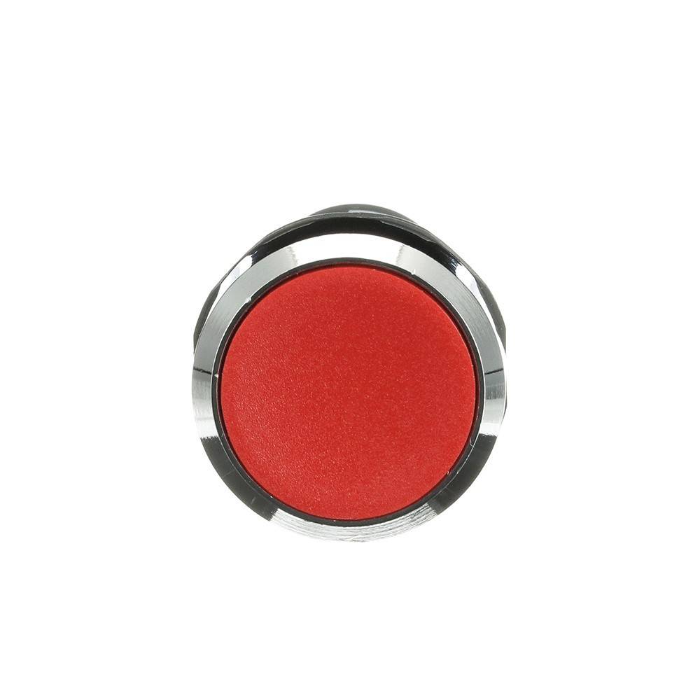 Ein großer roter Notaus-Knopf mit metallischem Rand, von oben betrachtet, der einen Mechanismus zum Anhalten oder Unterbrechen eines Prozesses anzeigt.