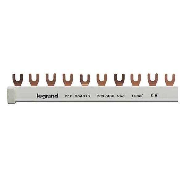 L-förmige Kupferschiene für Elektrotafel, gekennzeichnet mit Legrand, REF.004915, 230/400 Vac, 16mm², CE-Logo sichtbar.