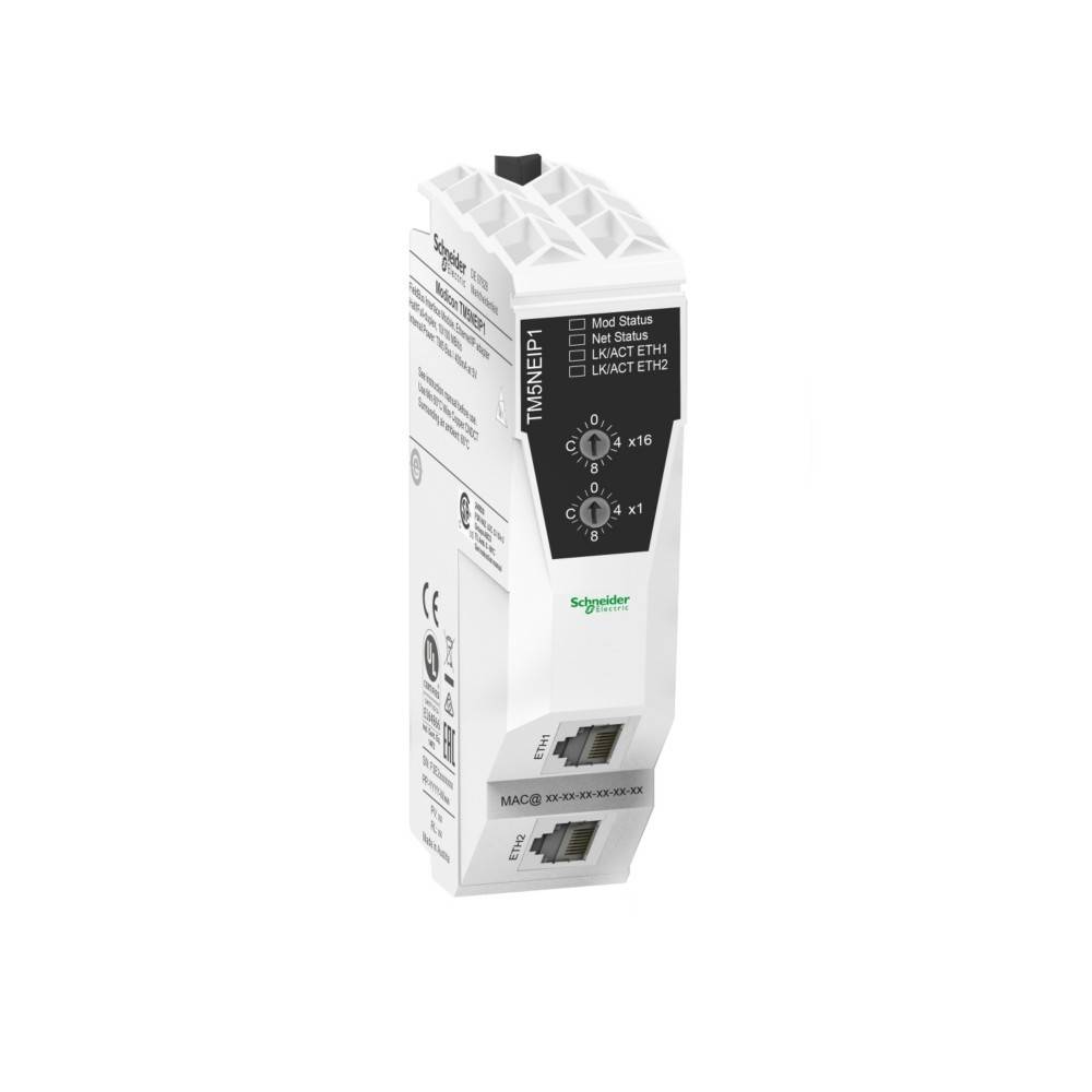 Schneider Electric Gerät MAC321, weiß-graues rechteckiges Modul mit Statusindikatoren und Branding, verwendet für industrielle Steuerungssysteme.