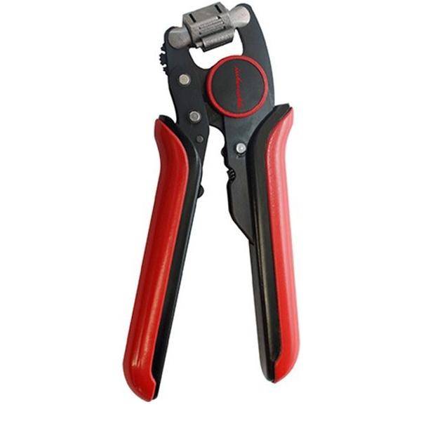 Ein Paar Abisolierzangen in Rot und Schwarz mit verstellbaren Backen zum Schneiden und Abisolieren von elektrischen Kabeln.