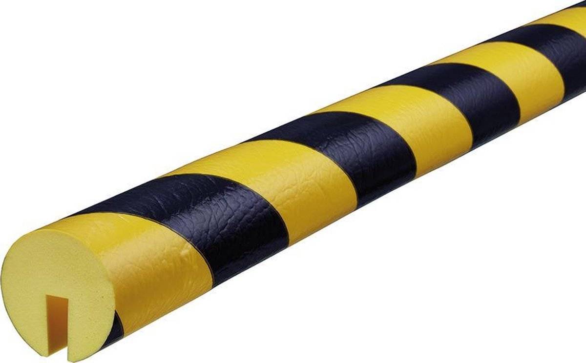 Ein zylindrisches Objekt, das in abwechselnden gelben und schwarzen Streifen gewickelt ist und häufig zu Sichtbarkeits- und Sicherheitszwecken verwendet wird.
