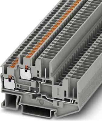 Ein Stapel grauer elektrischer Anschlussklemmen mit mehreren Anschlusspunkten, die zur Organisation komplexer Verdrahtungssysteme in industriellen Umgebungen verwendet werden.