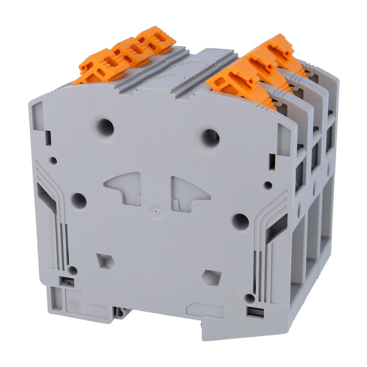 Ein grauer Elektrosteckverbinder mit orangen Hebeln, mit mehreren Schlitzen für Drahtverbindungen, ausgelegt für sichere und effiziente Verdrahtung.