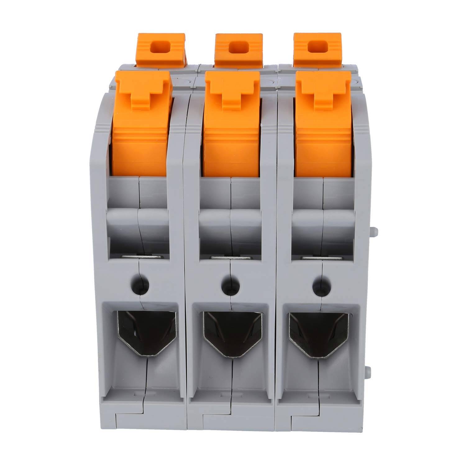Ein dreipoliger orange und grauer Elektroklemmenblock mit Oberhebelklemmen, verwendet zum Verbinden von Drähten in Stromkreisen.